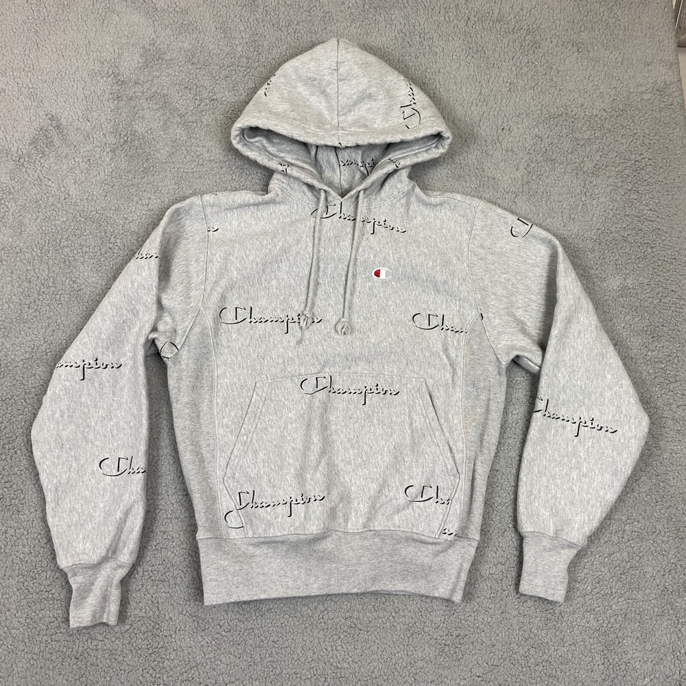 Champion‎ Reverse Weave Sweatshirt Gray All Over Print Hoodie AOP Size S